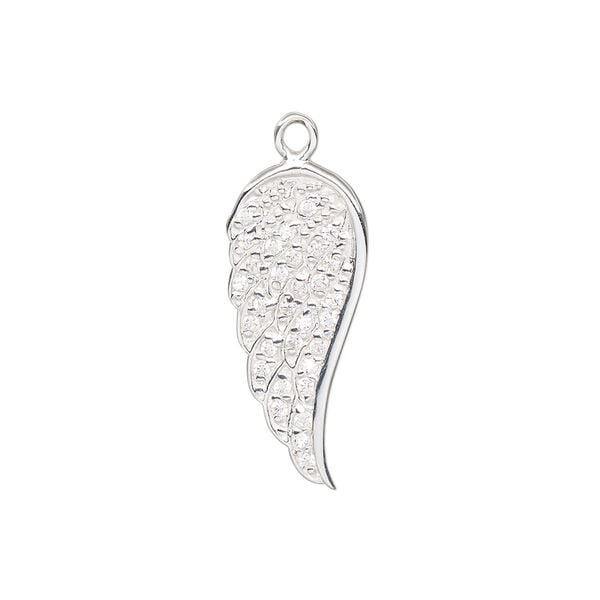 Charm, sterling silver and cubic zirconia, 23.5x10.5mm single-sided wing. Sold individually. image number 0