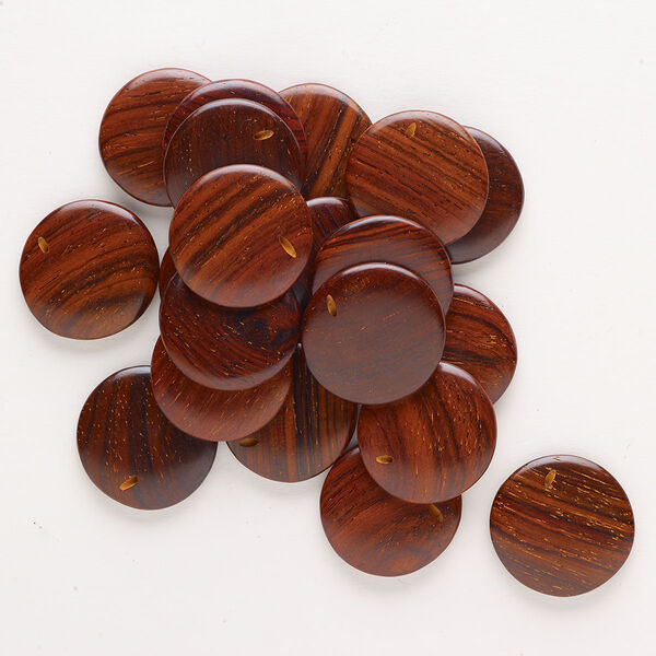 Bead, rosewood (waxed), pkg/20, 29mm lentil-drilled puffed flat round. image number 0