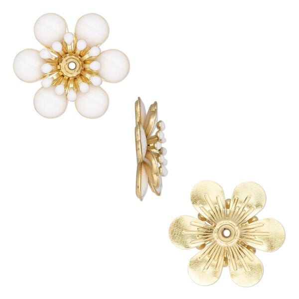 Component, epoxy and gold-finished copper, white, 21x19mm center-drilled single-sided flower. Sold per pkg of 2. image number 0