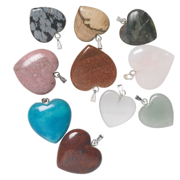 Multi-gemstone / brass 1pkg10, silver-plated heart pendant mix 15x15mm-24x24mm image number 0