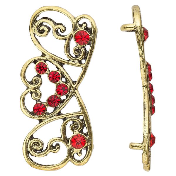 Spacer, antiqued gold-finished "pewter" (zinc-based alloy) and Czech glass rhinestone, light Siam, 41x17mm 2-strand fancy rectangle. Sold per pkg of 4. image number 0