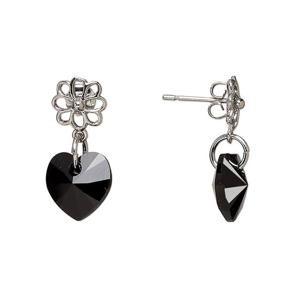 Earstud, Everyday Jewelry™, Crystal Passions® and silver-plated "pewter", jet, 21mm with flower and heart. Sold per pair. image number 0