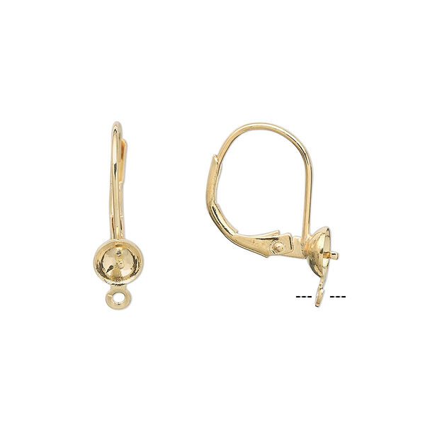 Ear wire, gold-plated brass, 18mm leverback with 5mm cup and peg with open loop, fits 4-6mm bead. Sold per pkg of 5 pairs. image number 0