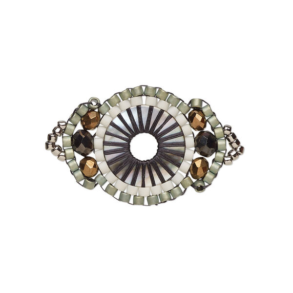 Link, Creative Touch, glass, white / copper / pale green, 25x18mm double-sided fancy oval. Sold individually. image number 0