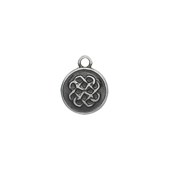 Drop, "pewter" (zinc-based alloy) and enamel, black, 12mm double-sided round with Celtic knot design. Sold individually. image number 0
