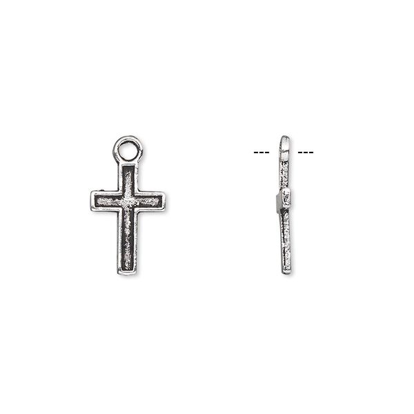 Drop, antique silver-plated "pewter" (zinc-based alloy), 12x8mm single-sided cross. Sold per pkg of 10. image number 0