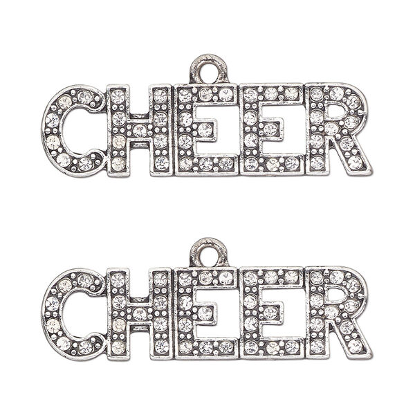 Focal, antique silver-finished "pewter" (zinc-based alloy) and glass, clear, 35x10mm single-sided cheer. Sold per pkg of 2. image number 0