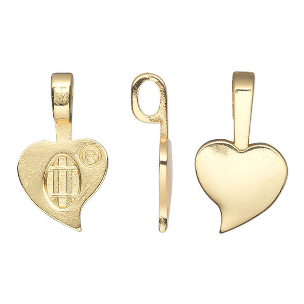 Bail, Aanraku®, glue-on, gold-plated "pewter" (zinc-based alloy), 27x13.5mm with 13.5x13mm heart flat base. Sold per pkg of 5. image number 0