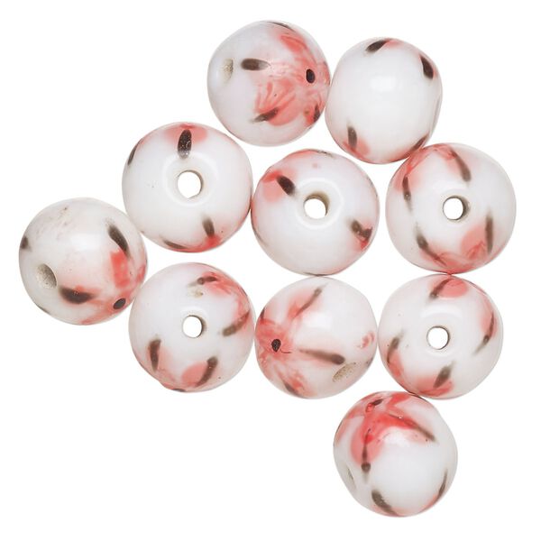 Bead, lampworked glass, opaque white / black / pink, 9-11mm round. Sold per pkg of 10. image number 0