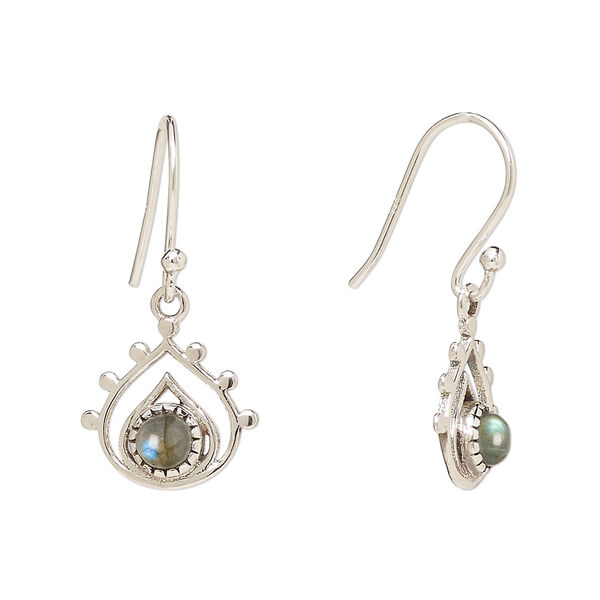 Ear wire, Create Compliments®, antiqued sterling silver and labradorite (natural), fishhook, 26.5mm with 13x12.5mm single-sided open teardrop, 21 gauge. Sold per pair. image number 0