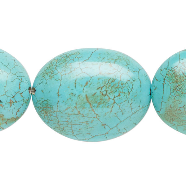 Bead, magnesite (dyed / stabilized), blue, 25x20mm-30x25mm flat oval, C grade, Mohs hardness 3-1/2 to 4. Sold per 16-inch strand. image number 0