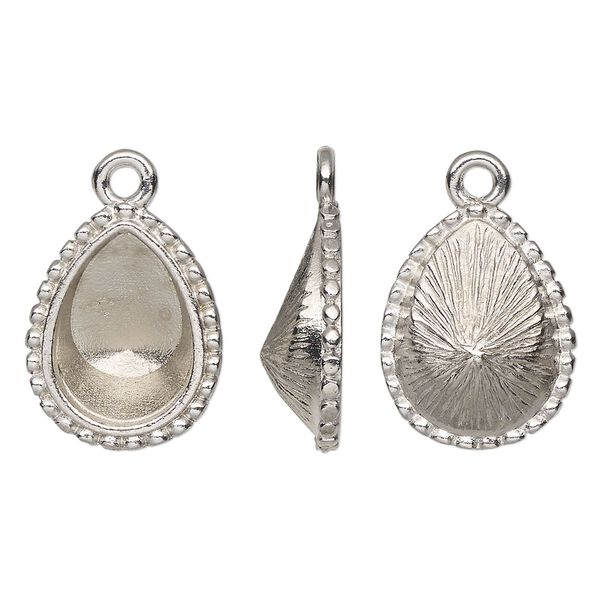 Drop, TierraCast®, Almost Instant Jewelry®, white bronze-plated pewter (tin-based alloy), 18x14mm teardrop with beaded edge and 14x10mm pear glue-in setting (4320). Sold per pkg of 2. image number 0