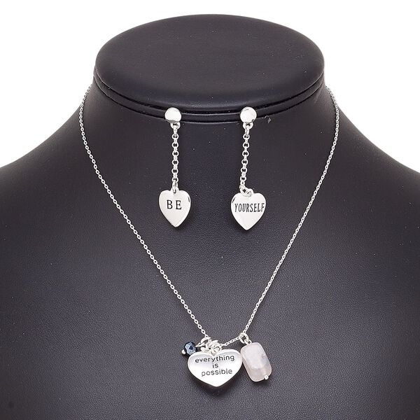 Necklace and earring set, rose quartz (natural) / glass / silver-plated brass / steel / "pewter" (zinc-based alloy), black hematite, heart, 15" to 16" necklace with 2-inch extender chain and lobster claw clasp, 45mm earrings with post. Sold per set. image number 0