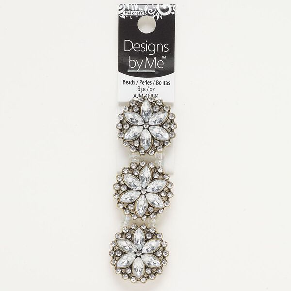 Spacer, antique brass-finished brass and glass, clear, 27mm 2-strand round, fits up to 10mm beads. Sold per pkg of 3. image number 0