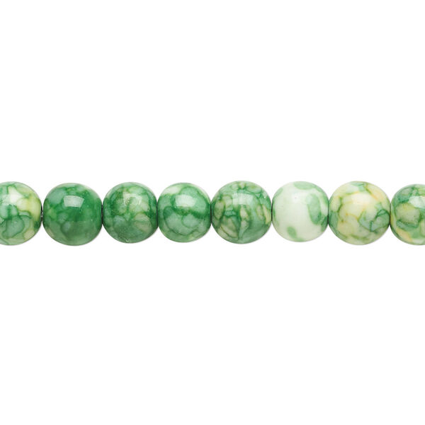 Bead, resin and painted ceramic, green / white / yellow, 6mm round. Sold per 15-1/2" to 16" strand. image number 0