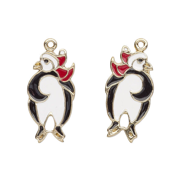 Charm, enamel and gold-finished "pewter" (zinc-based alloy), white / black / red, 23x12mm left- and right-facing single-sided skating penguin. Sold per pkg of 2. image number 0