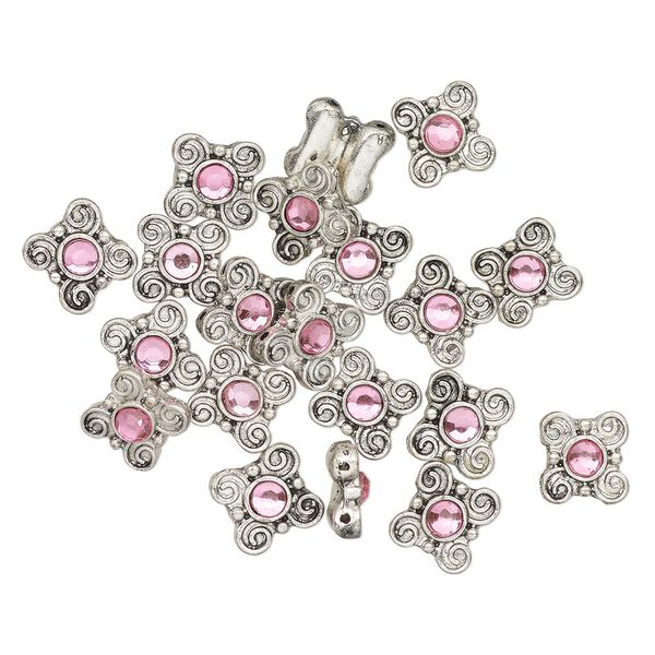 Bead, spacer, antique silver-finished "pewter" (zinc-based alloy) and glass, pink, 11x10mm fancy square with swirls. Sold per pkg of 20. image number 0