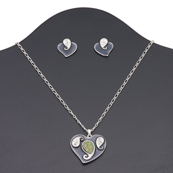 Necklace and earring set, druzy (imitation) / enamel / Czech glass rhinestone / silver-plated brass / "pewter" (zinc-based alloy), dark blue / clear / rainbow, 34x30mm heart, 16 inches with 3-inch extender chain and lobster claw clasp, 20x19mm heart with post. Sold per set. image number 0