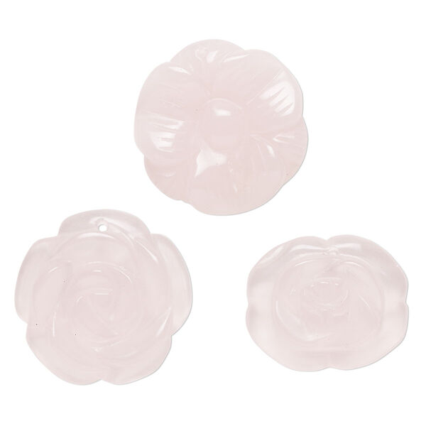 Drop mix, glass, translucent pink, 29x24mm-30x30mm top-drilled carved flower. Sold per pkg of 3. image number 0