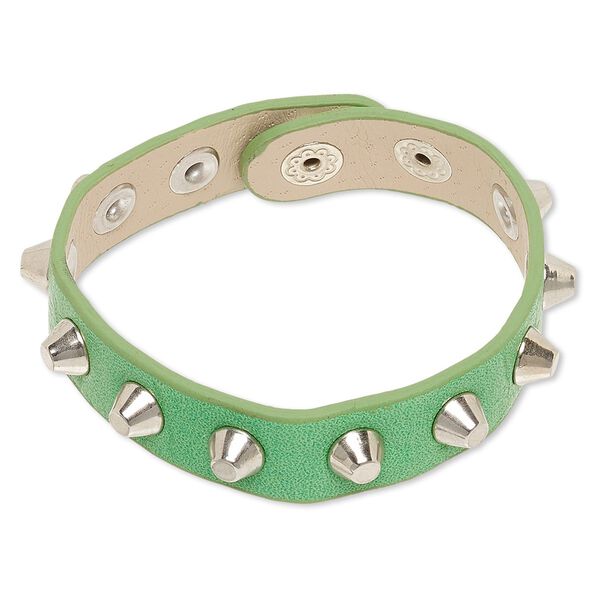 Bracelet, imitation leather and imitation rhodium-finished steel, green, 15mm wide with studs, adjustable at 6-1/2 and 7 inches with snap closure. Sold individually. image number 0