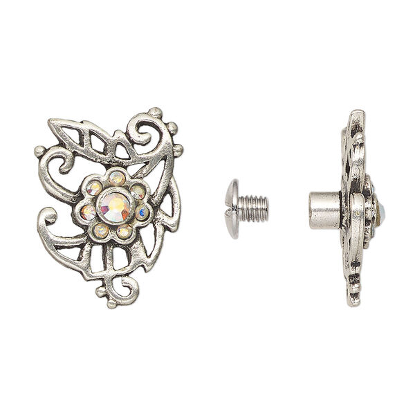 Component, glass with antiqued silver-finished steel and "pewter" (zinc-based alloy), clear AB, 20x15mm flower with screw fastener. Sold individually. image number 0