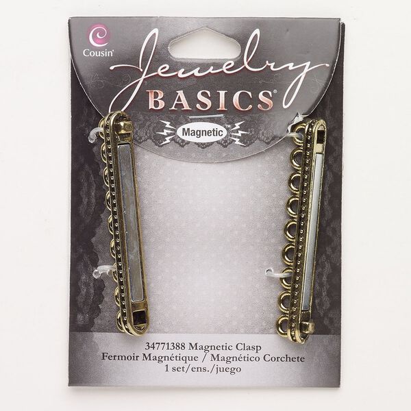 Clasp, 7-strand magnetic, "pewter" (zinc-based alloy), pkg/1, antique gold finish, 57x8mm rectangle. image number 0