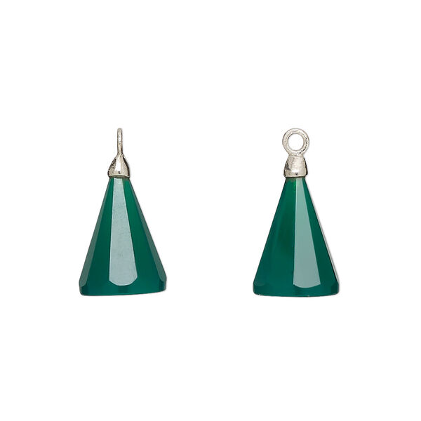 Drop, silver-plated green onyx (dyed) and electroplated sterling silver, 14x9mm-15x10mm hand-cut 3D faceted cone, Mohs hardness 6-1/2 to 7. Sold individually. image number 0
