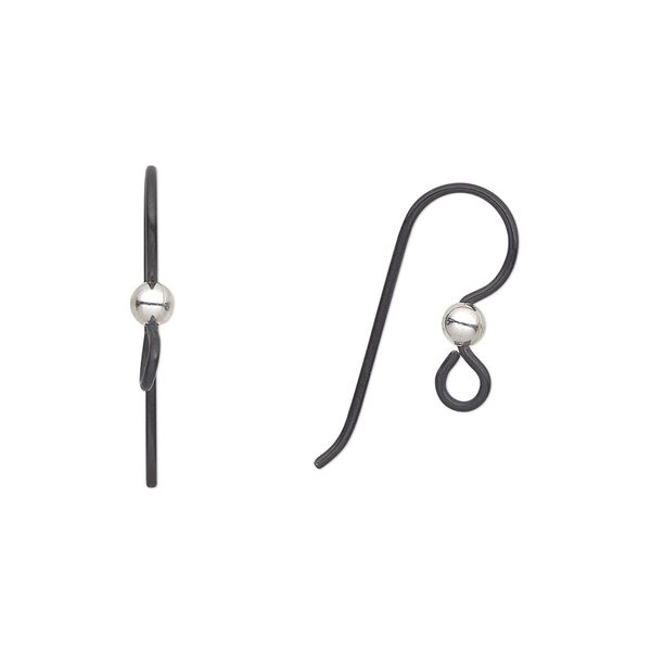 Ear wire fishhook 1pkg2 niobium / sterling silver, 15.5mm / 3mm ball / open loop, 20 gauge anodized / black 1 pair image number 0