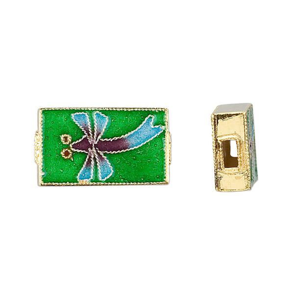 Bead, "vermeil" cloisonné, multicolored, 21x12mm rectangle with dragonfly. Sold individually. image number 0