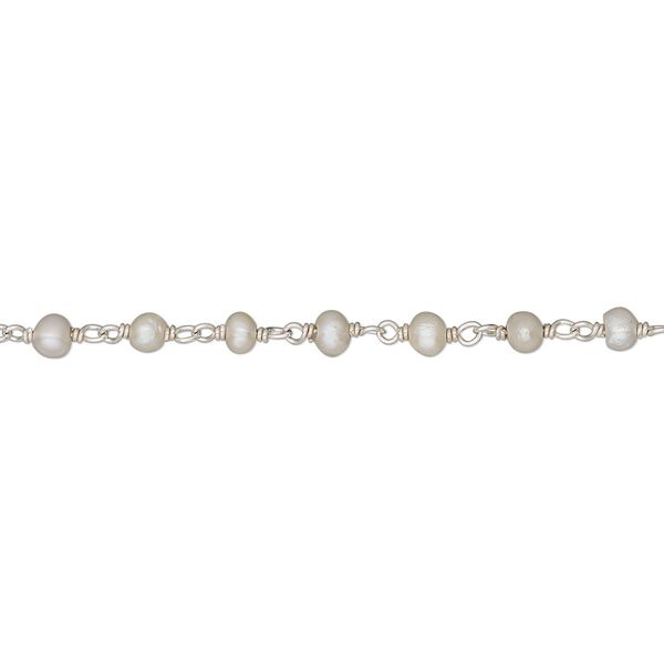 Chain, sterling silver and cultured freshwater pearl (bleached), white, 2.5mm-3mm semi-round. Sold per pkg of 1 foot. image number 0
