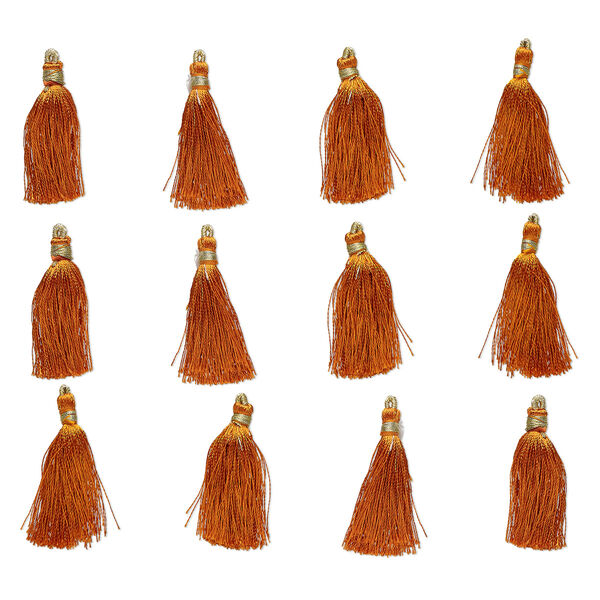 Tassel, silk (imitation) and gold-finished copper, brown, 1-3/4 to 2 inches. Sold per pkg of 12. image number 0