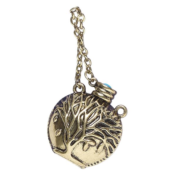 Focal, acrylic / antique gold-finished "pewter" (zinc-based alloy) / steel, blue, 33x29mm jar with tree design. Sold individually. image number 0