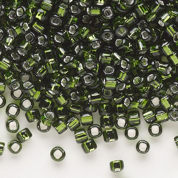 Seed bead, Dyna-Mites™, glass, silver-lined translucent olive green, #6 round with square hole. Sold per 40-gram pkg. image number 0
