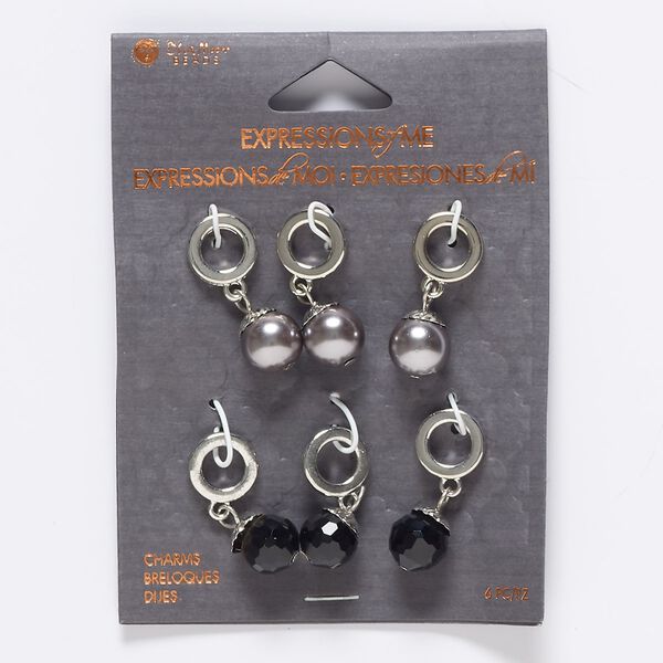 Drop mix, glass / glass pearl / silver-finished "pewter" (zinc-based alloy) / steel, opaque black and grey, 27x11mm-29x11mm round and faceted round with 6.5mm hole. Sold per pkg of 6. image number 0
