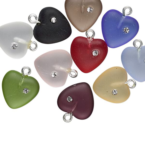 Drop mix, Czech glass / cubic zirconia / silver-plated brass, frosted mixed colors, 11mm heart. Sold per pkg of 20. image number 0