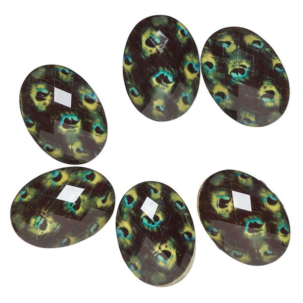 Cabochon, acrylic, black / yellow / green, 25x18mm non-calibrated faceted oval with peacock design. Sold per pkg of 6. image number 0