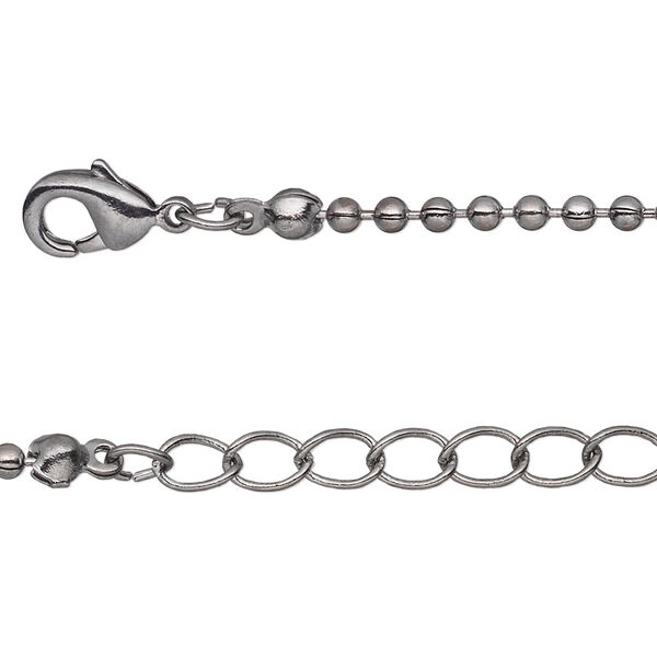 Chain, gunmetal-plated brass, 2mm ball, 7-1/2 inches with 1-1/4 inch extender chain and lobster claw clasp. Sold per pkg of 6. image number 0