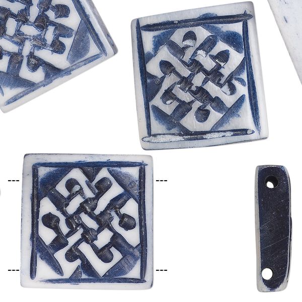 Bead, bone (dyed), denim blue, 19x5mm hand-carved double-drilled single-sided square with knot design, Mohs hardness 2-1/2. Sold per pkg of 8. image number 0