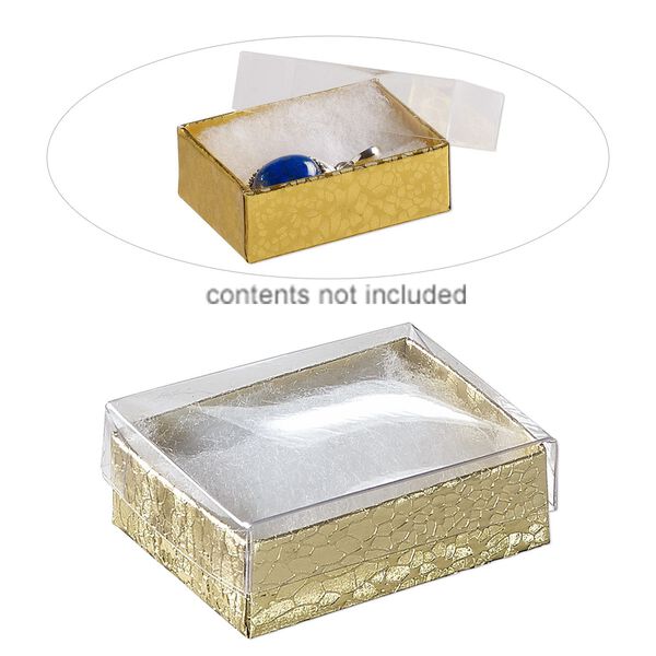 Box, plastic and paper, "cotton"-filled, gold and clear, 2-1/8 x 1-5/8 x 3/4 inch rectangle. Sold per pkg of 10. image number 0