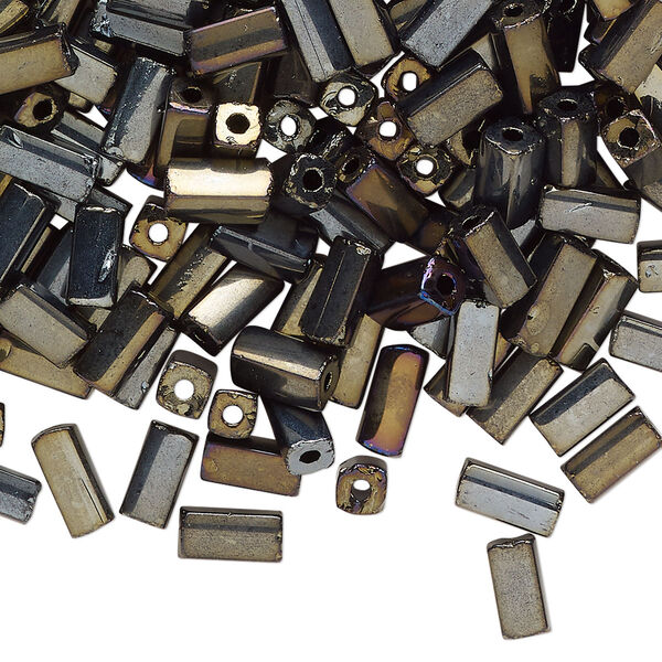 Bugle bead, glass, opaque brown iris black, 7x3mm square tube. Sold per 50-gram pkg, approximately 800 beads. image number 0