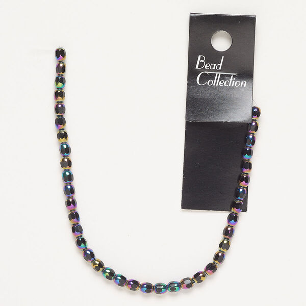 Bead, glass, pkg/7 inches, 5x4mm-6x5mm faceted oval, opaque rainbow jet. image number 0