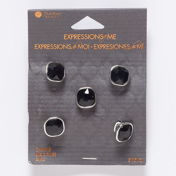 Slide, glass and silver-finished "pewter" (zinc-based alloy), black, 12x9mm faceted square and rounded square, 6.5mm hole. Sold per pkg of 5. image number 0