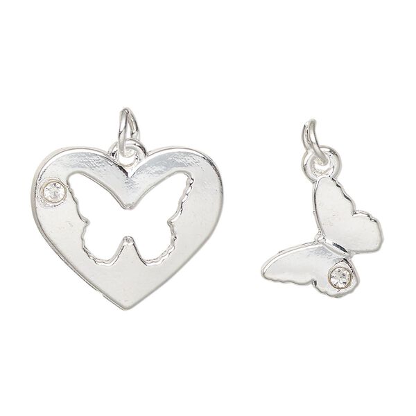 Charm, silver-finished "pewter" (zinc-based alloy) and glass, clear, 20x18mm heart with butterfly cutout design and 13mm single-sided butterfly. Sold per pkg of (2) 2-piece sets. image number 0
