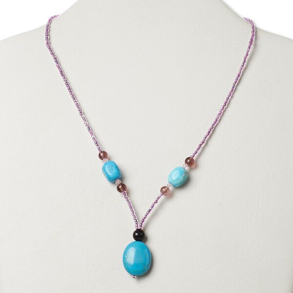 Necklace, multi-gemstone (natural / dyed / stabilized) / glass / silver- or antiqued gold-finished "pewter" (zinc-based alloy), multicolored, 22x18mm puffed oval, 17 inches with lobster claw clasp. Sold individually. image number 0