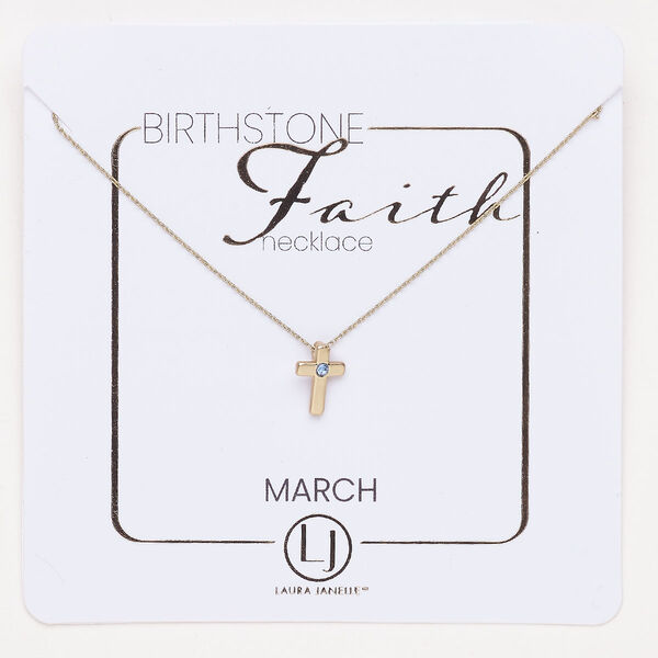Necklace, steel and glass, pkg/16 inches with lobster claw clasp and 3-inch extender chain, 10x7mm March birthstone cross, gold finish aquamarine. image number 0