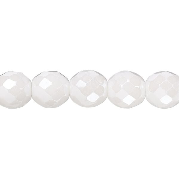 Bead, Czech fire-polished glass, opaque alabaster snow white luster, 10mm faceted round. Sold per 15-1/2" to 16" strand. image number 0