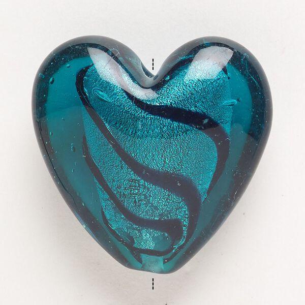 Bead, lampworked glass, pkg/1, opaque and translucent teal and black with silver-colored foil, 34-36mm puffed heart. image number 0