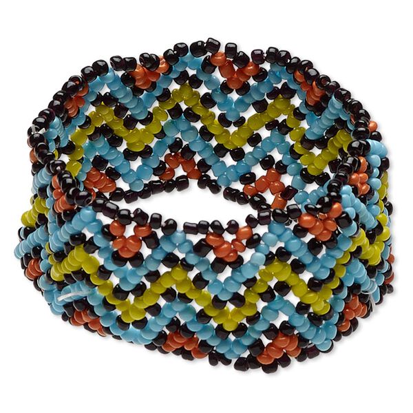 Bracelet, stretch, glass, multicolored, 26mm wide with seed bead, 6-1/2 inches. Sold individually. image number 0