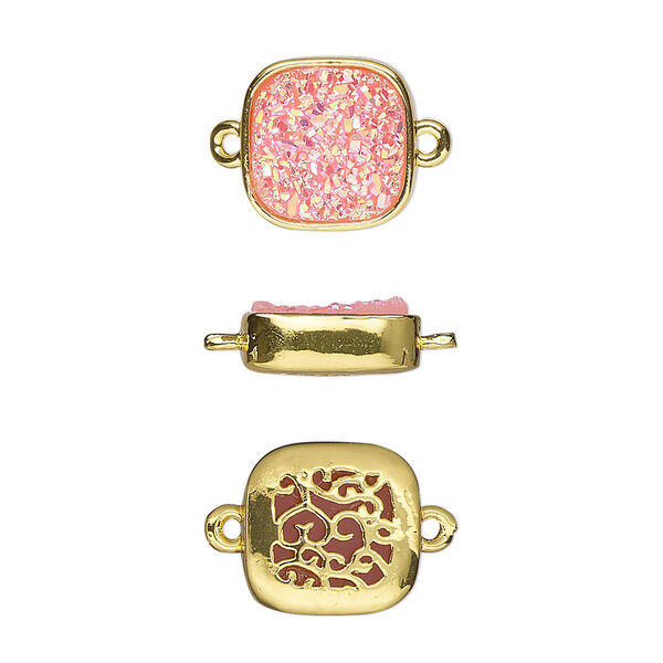 Link, Druzylite™, "druzy" (resin) and gold-finished brass, pink, 11.5mm two-sided square with open filigree back. Sold per pkg of 4. image number 0