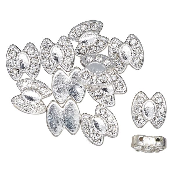 Bead, spacer, silver-finished "pewter" (zinc-based alloy) and glass, clear, 12.5x11.5mm 2-strand fancy oval, fits up to 6.5mm round beads. Sold per pkg of 12. image number 0